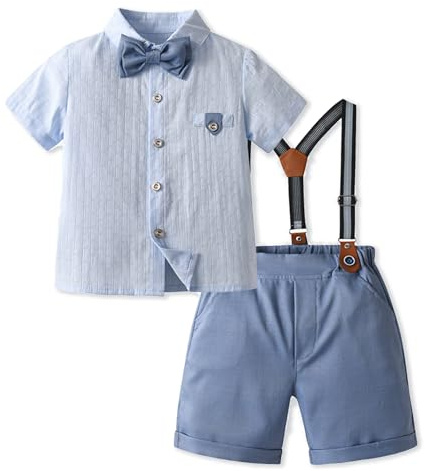 Volunboy Baby pojkar kostym, kortärmad skjorta med fluga hängslen shorts sparkbyxor sommarkläder set, Himmelsblå, 4-5 år
