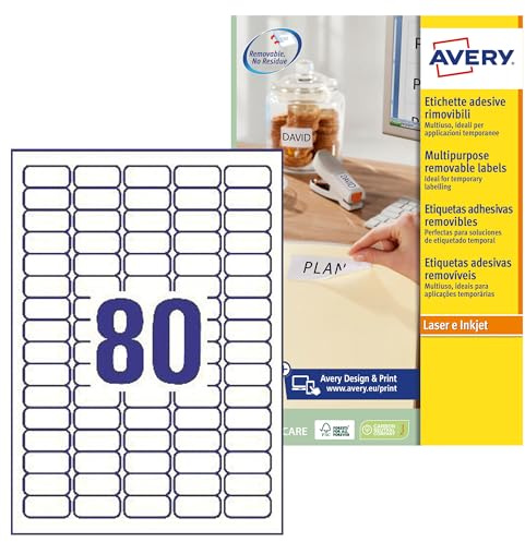 Avery L4732REV-25 Etichette Rimovibili, 80 Pezzi per Foglio, 25 Fogli, 35.6 x 16.9, Bianco