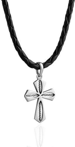STERLL Herren Leder Halskette Mit Silber 925 Kreuz Anhänger Für Jungen Und Männer Schmuck