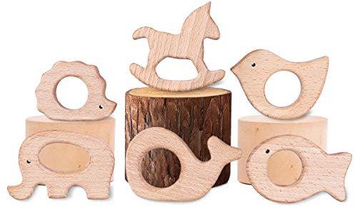YoungRich 6 Pcs Dentition Bois Bébé Anneaux Bois Naturel DIY Pendentif En bois Hérisson, éléphant, Oiseau, Dauphin, Poisson Rouge, Cheval Kit d'Animaux Sensoriels