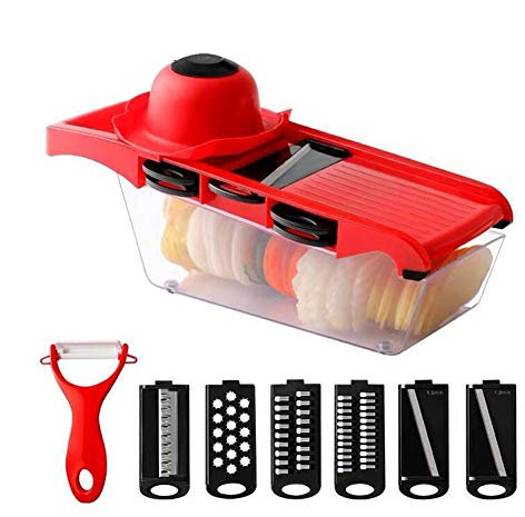 BIASTNR Vegetable Slicer, 6 in 1 Multi-Function Vegetable Slicer Kitchen Mandolin,Potato Chipper, Food Cutter with Storage Container and Peeler for Onion, Cucumber, Carrots, Fruits, Cheese