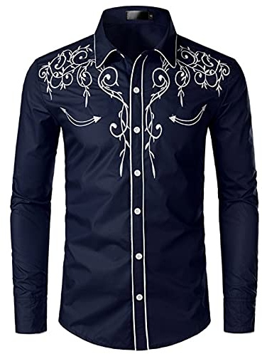 NW Camisa de vaquero occidental para hombre con estilo bordado slim fit casual manga larga camisas para hombre de boda fiesta camisa, azul marino, XXL