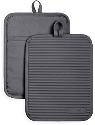 KitchenAid Ribbed Soft Silicone Pot Holder Set, Charcoal Grey 7x9
