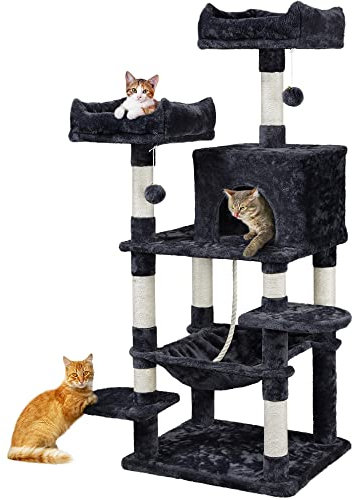 Yaheetech Arbre à Chat Hauteur 150 cm Grattoir Griffoir Tour Activités Base Plus Large/Niche Spacieuse/2 Perchoirs/Grand Hamac Noir