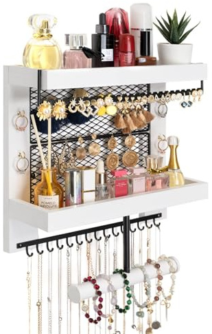 Pinzoveco Hanging Jewelry Organizer Wall Mounted With Wall Jewelry Organizer Holder For Necklaces Bracelet Earrings Ring (White)