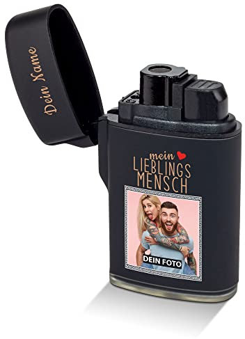 PR Print Royal Feuerzeug selbst gestalten - mit Foto & Name Bedrucken - Mein Lieblingsmensch - Sturmfeuerzeug, Flüssiggas nachfüllbar I Personalisiertes Foto-Geschenk - Schwarz gummiert