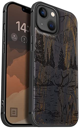 Carveit Holz Hülle für iPhone 13, Dunklesholz-Berge und Hirsche | Cover kompatibel MagSafe [Holz und TPU Silikon Hybrid Hull] Magnetisch Case für iPhone 13 Handyhülle
