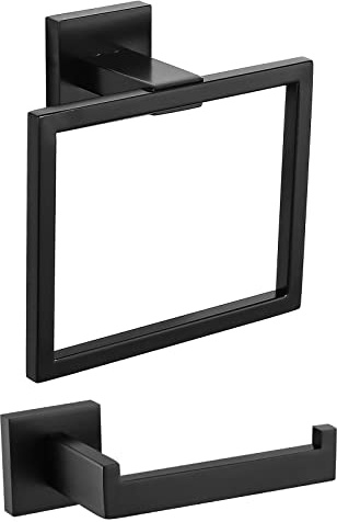 TURS 2 Pieces Square Towel Ring and Toilet Roll Holder Set,Matt black | Concealed Screw Mounting Wall-mounted Contemporary Hotel Square Style Towel Holder Toilet Roll Holder Towel Hook,Anti-Rust