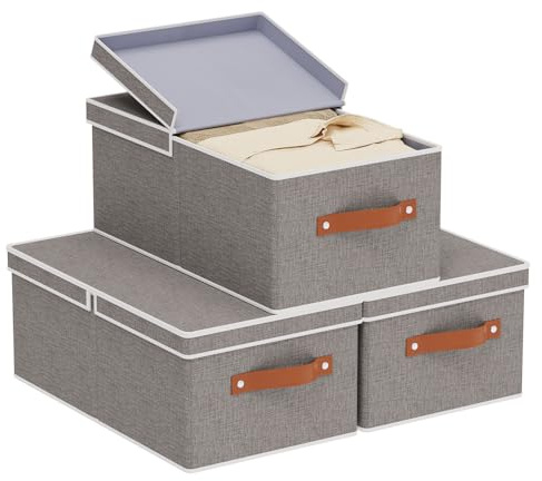 YheenLf Set med 3 stora hopfällbara förvaringshinkar med lock, förvaringslådor i tyg, med handtag, förvaringslådor för att organisera kläder, lakan i skåp, 41 × 25 × 16,5 cm, grå