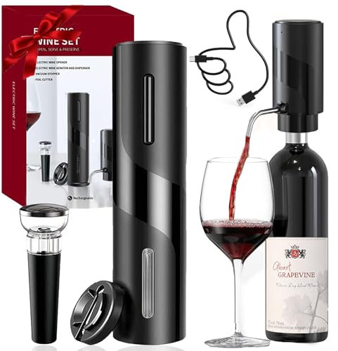 QSMYUYE Apribottiglie Elettrico Set Cavatappi Elettrico 4 in 1 con Apribottiglie Elettriche di Ricarica, Aeratore di Vino Elettrico, Tagliacapsule e Tappo Vino Sottovuoto, per Gli Amanti del Vino