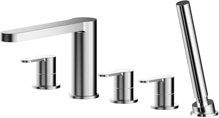Balterley Bath Mixer Tap with Shower Kit, 3 Lever Round Bath Filler Tap, 5 Tap Holes, Round Head Showers for Bathrooms, Bathroom Taps with Shower Head and Hose Set - 535 x 225 x 230mm (Chrome)