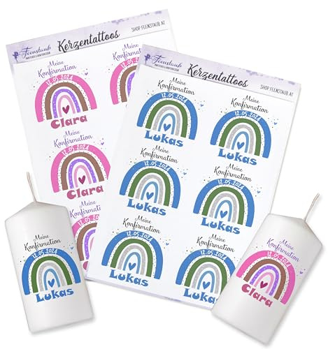 Kerzenfolie Regenbogen Kommunion Kerzentattoos personalisiert mit Namen, Tattoos für Kerzen, Tischdeko gestalten, DIY Gastgeschenk Erstkommunion Regenbogen, Feenstaub