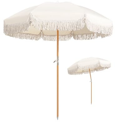 Blanco Sombrilla Playa Protección UV 180cm Sombrilla Terraza Exterior Con Flecos Sombrillas Jardin Grandes Inclinable Sombrilla De Playa Antiviento Impermeable Con Bolsa De Transporte Para Jardín Terr