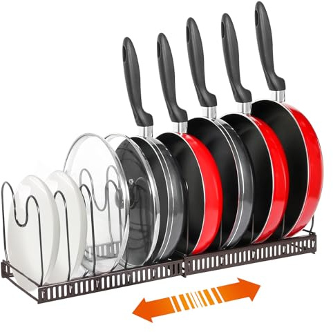 Mythosurge Expandable Pans Organiser Rack, 12 Adjustable Compartments, Pan Lid Holder, Pot Lid Organiser Pan Storage Organizer Rack for Kitchen Cupboard (Brown)