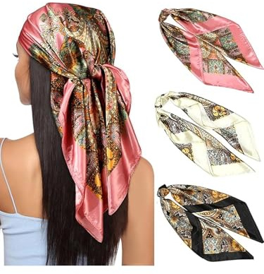 Generisk huvudduk för kvinnor, 3 stycken stor fyrkantig satin huvudduk halsduk satin huvuddukar sidenkänsla hårbandana, halsduk boho-huvudbonad, Flerfärgad, 90x90cm