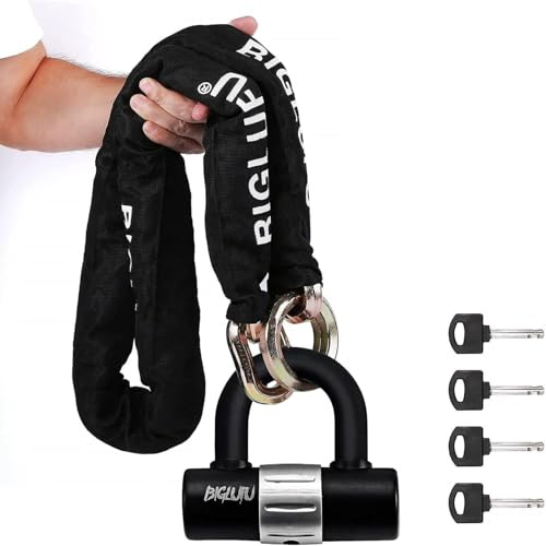 BIGLUFU Candado para Bicicleta, Cadena Antirrobo de 100/120/150cm, Oro Cadena de Acero de 10/15mm Con U Candado y 4 Llaves para Bicicleta Electrica y Montaña