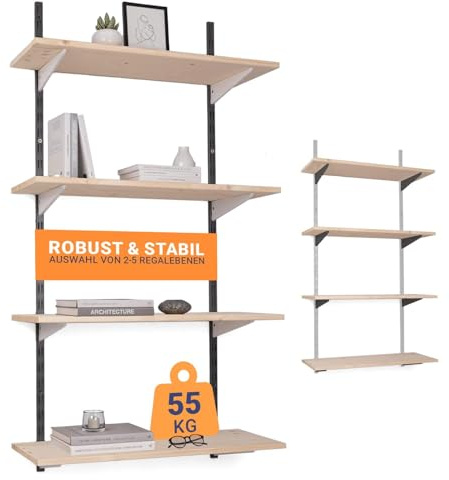 BOOMET Wandregal Metall mit Boden · Regal in 50 Varianten · Höhe: 150 cm · 3 Ebenen in 80 x 25 cm (B x T) · Farbe: schwarz/weiß · Wandschienen Regalsystem · Regalträger Schienensystem