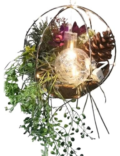 Hperu Artificial Hanging Baskets,Artificial Hanging Baskets Diy Kit, Christmas Basket with Christmas Light Balls, String Lights, Pine Cone, Fall Hanging Baskets For Outdoors Christmas