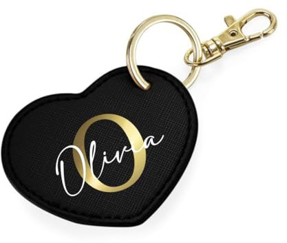 AWASG Schlüsselanhänger Herz mit Buchstabe Initialen - Personalisiert mit Name - Taschenanhänger Accessoire mit Ring und Karabiner (schwarz)