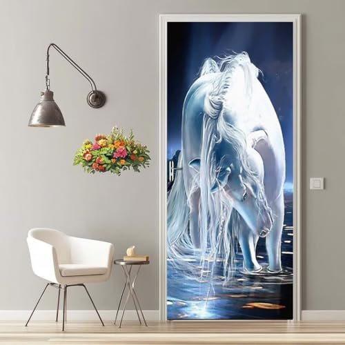 Vinilos Puertas 3D Caballo Blanco Fantasía Pegatinas Decorativas de Puerta Pegatina Pared Murales Adhesivo para Puerta para Interiores Sala de Estar Dormitorio Decoración del Hogar 90X200 cm -MT50