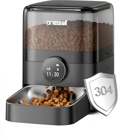 oneisall Futterautomat Katze, 3L Katzenfutter Automat mit 304 Edelstahlnapf, 1-6 Mahlzeiten pro Tag, Trockenfutterspender für Katzen/Hunde, mit Programmierbarem Timer