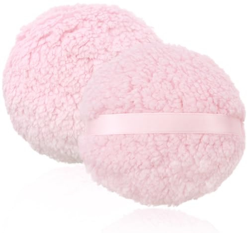 Pack of 2 Large 6 Inch Fluffy Round Powder Puffs, Ultra Soft Washable Reusable Velour Body & Face Powder Applicators for Loose Mineral Makeup Powder