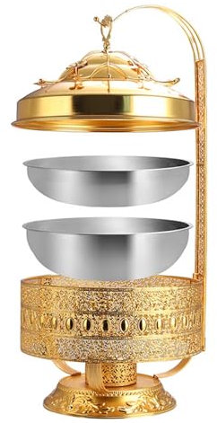 ZOLPINL 8L Stainless Steel Chafing Dish Buffet Set, with Hanging Top Lid, Elegant Gold Catering Buffet Dish,Round Food Warmers Pan for Restaurants