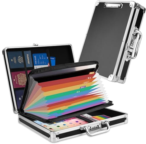 Pechor Document Box File Organiser with Lock, Hard-Shell Document Folder with 13 Pockets Expanding File Folder A4 Portable Clipboard, Filing Boxes Safe Storage Box Home Office