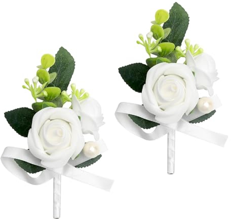 KQDRAVINE 2 Stück Boutonniere Hochzeit, Ansteckblume Bräutigam Braut mit Nadel und Clip, Künstliche Rosen Hochzeitsanstecker, Anstecknadel Herren Anzug Weiß für Trauung Party Jubiläum Abschlussball