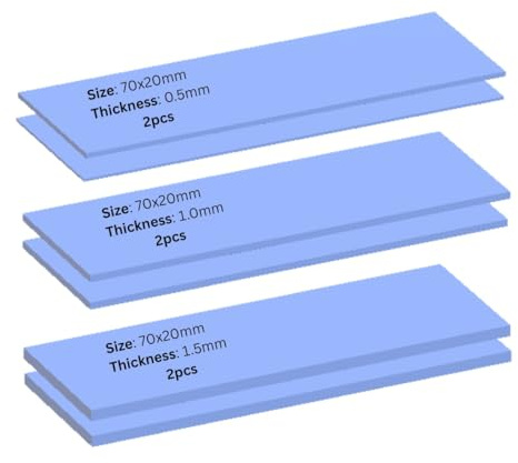 Frostbite 6x High Performance Wärmeleitpad für SSD/GPU/RAM (3 Stärken je 2 Stück: 0,5/1,0/1,5 mm) – 70x20mm, 6 W/mk, weich & sicher, Blau – Amawi Technologies