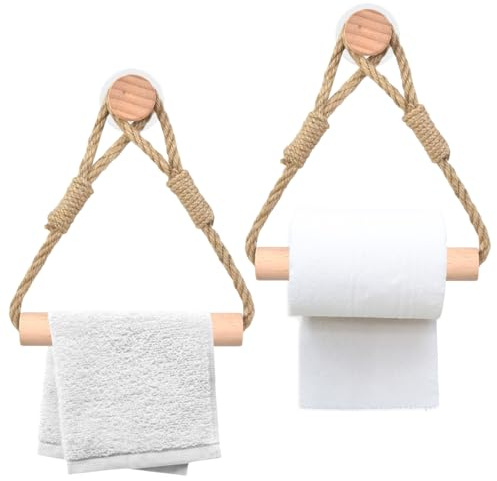 2er Set Handtuchhalter aus Seil und Holz,Toilettenpapierhalter Hanfseil | Vintage Holz Klopapierhalter Boho Deko, Selbstklebende Toilettenpapier aus Hanfseil für Küche, Badzimmer, Toilette