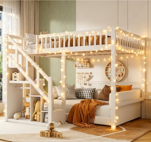 Hochbett 90x200 mit Treppe & Aufbewahrungsschrank,Kinderbett Etagenbett 90x200 für Kinder,Funktionsbett Jugendhochbett Stockbett Kinderhochbett mit Lattenrost,Ohne Matratze