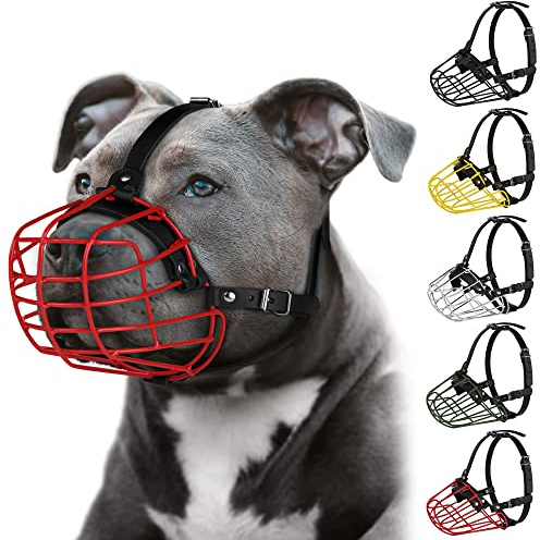 Pitbull Muselière pour chien en métal Amstaff avec panier en fil métallique réglable et sangles en cuir durable pour grands chiens (rouge)