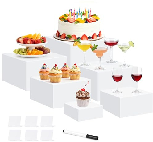 6 Pcs Buffet Risers, Acrylic Food Risers for Buffet Table, 6 Sizes (5x6x6.8x7x7.5x8 Inch) Display Stand Shelf for Party Catering Dessert Collectibles - Stackable Cube Boxes Display with Hollow Bottoms