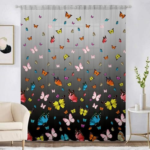 ENEN 2er Set Scheibengardinen, 3D-Schmetterling-Druck Halbtransparent Bistrogardine, Schlaufengardinen Gardinen Türgardine für Küche Wohnzimmer Landhaus (Grau,100x130cm)