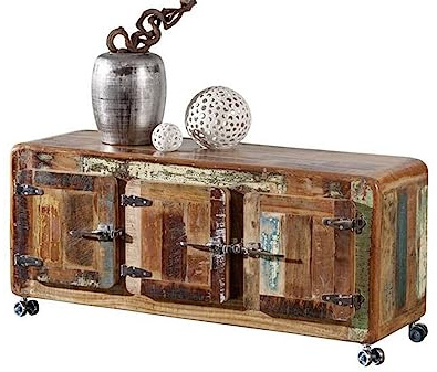 MASSIVMOEBEL24.DE | FREEZY Sideboard aus Massivholz und Eisen #04 rollbar Altholz - Mehrfarbig, lackiert Industrial-Stil 126x40x56 cm massives Sideboard aus Vollholz