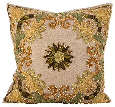 SARO LIFESTYLE Embroidered Floral Design Beaded Cotton Poly Filled Throw Pillow, 18, Green
