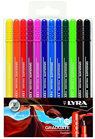 LYRA Graduate Fineliner wasserbasierte Tinte Kunststoffmappe 12 Stk. | Synthetikspitze, nicht verformbare Spitze, Strichstärke 0,5mm, Durchmesser 2mm, sortierte Farben