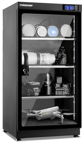 FORSPARK 100L Large Camera Dehumidifier Dry Cabinet, Quiet Humidity Control Storage with Lock & 3 Adjustable Shelves for DSLR, Lenses, Drones, Electronics - 8W Energy Efficient, Black
