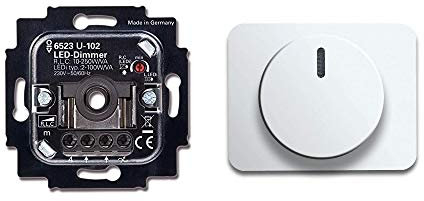 Busch-Jaeger (Original), LED-Drehdimmer (LED Dimmer) 6523 U-102 (6523U 102) 6523U102 mit Zentralscheibe 6540-24G in Studioweiß hochglanz Serie: alpha