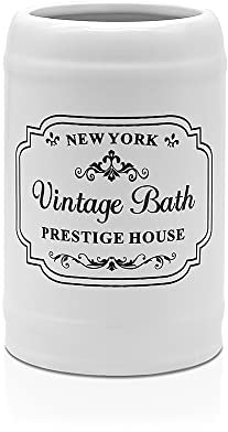 Portaspazzolini da Bagno in Ceramica Bianca con Stampe a Contrasto Nere, Stile Vintage Shabby