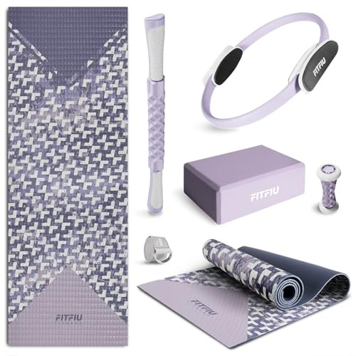 Fitfiu Fitness KITWELL-601 Pack mit 6 Zubehör Yoga Pilates Farbe Lila mit Matte, Block, Ring, Riemen und 2 Massagegeräten Enthält Wellness-Übungsanleitung