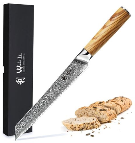 Wakoli Oribu Brotmesser Wellenschliff mit 20 cm Klinge aus 67 Lagen Damaststahl, Olivenholzgriff, Scharfes Brotschneidemesser für Brot, Brötchen & Kruste Küchenmesser inkl. Geschenkbox