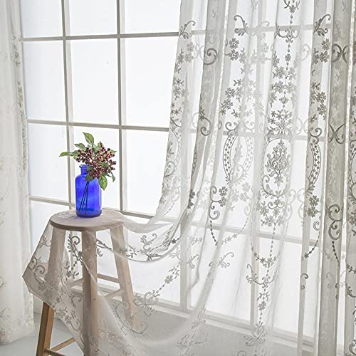 Amidoudou 2er-Set Vorhänge Weiss Transparent Tüllvorhänge Für Wohnzimmer Schlafzimmer Bestickte Tüllvorhänge Im Europäischen Stil (Weiß,245x140 cm)