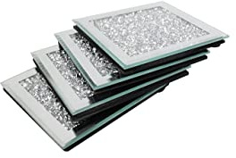 ONEBRAND Silver Crushed Diamond Crystal Coasters - Set of 4 - Silver Coaster Set for Kitchen Decor, Restaurant, Dining Table Bar - Home, Kitchen and Restaurant Decor - Mirror Coasters. (Square)