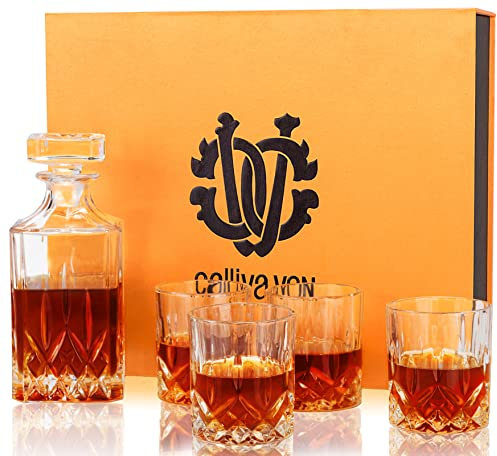 Crystal Whiskey Decanter Set, Hand Made Liquor Decanter With 4 Glasses In Gift Box. Best for Scotch Bourbon Whisky Rum Alcohol Brandy, Unique Anniversary Retirement Wedding Gifts for Men