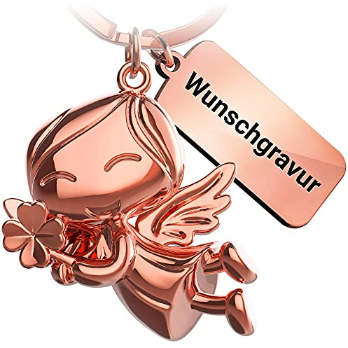 FABACH Schutzengel Schlüsselanhänger Lucky mit Wunschgravur - Kleeblatt Glücksengel aus Metall mit personalisierter Gravur - Glücksbringer Auto Engel Anhänger - Viel Glück Geschenk Wunschtext