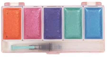 Craftelier - Set mit 5 Metallic-Aquarellfarben Mermaid + Pinsel mit Wassertank | Ideal für Scrapbooking- und Bastelprojekte | Palettengröße 14 x 6,5 cm - Godet-Größe 4,5 x 2,5 cm