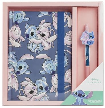 Set de Papeleria Inspirado en Stitch - Color Azul - 23 X 24 X 3 Cm - Incluye Cuaderno y Bolígrafo - Producto Original Diseñado en España