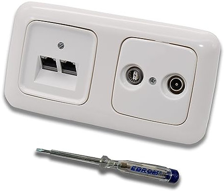 Busch Jäger, Rutenbeck Unterputz Netzwerkdose 10 Gigabit/S (10GbE) KAT6A 6A 2 x RJ45 Anschluss + WISI 2-Loch Durchgangsdose im BJ ReflexSi alpinweiß Design + EBROM Phasenprüfer z. Montage d. Geräte